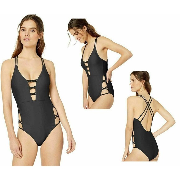 Jessica Simpson Plunging Strappy‎ One-Piece Swimsuit Black Cutouts New Small NWT - Picture 1 of 1